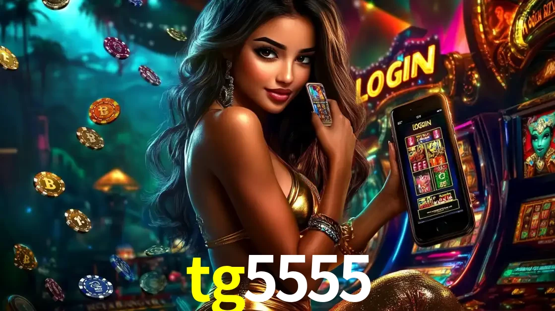 Mulher em um cenário de cassino temático de aventura, mostrando o app de caça-níqueis da tg5555 no celular. Fichas de apostas flutuam ao redor.